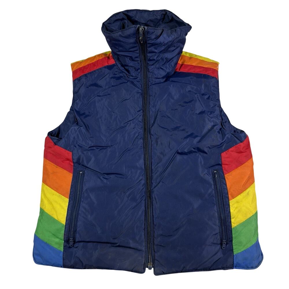 VTG Antler Down Puffer Vest Blue Rainbow Striped That 70s Show Kelso Adult M